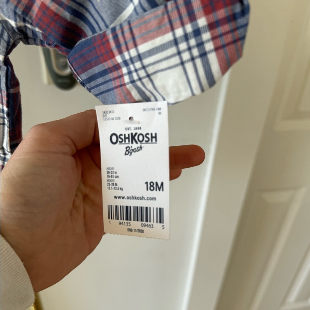 OshKosh B’gosh 18M button up plaid onesie shirt, brand new with tags - Picture 4 of 5